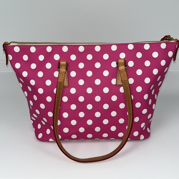 Dooney & Bourke large pink & white polka dots tote w/leather straps and trim. - Picture 3 of 9